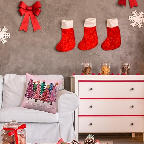 Miniatura 7 de Funda de almohada rosa con patrón de árbol de Navidad colorido para sofá, cama, sofá, funda de almohada rosa para sala de estar, funda de cojín de