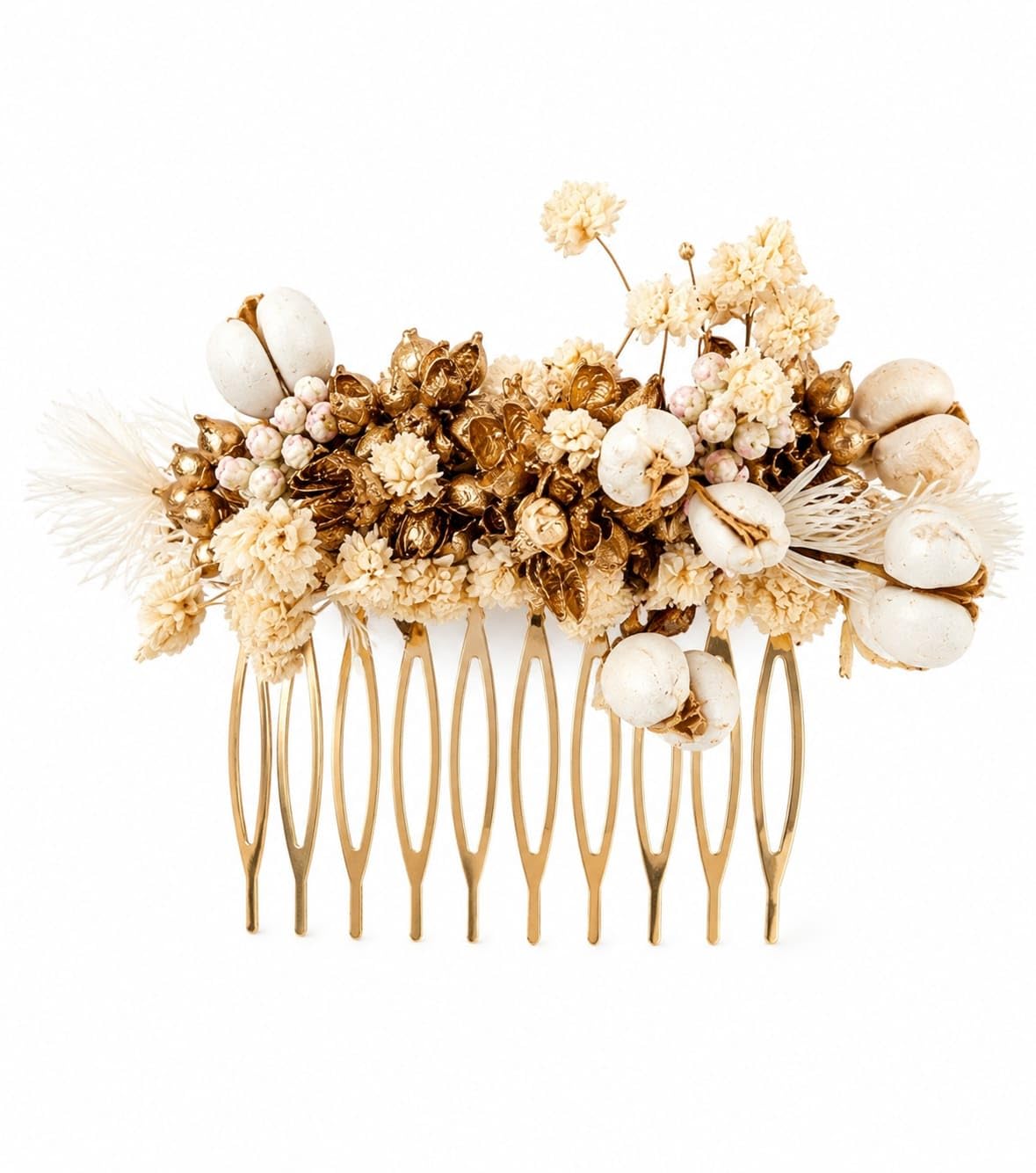 Céleste - Peigne de Mariée Fleurs Séchées Artisanal, Or - Blanc - Crème, Métal Doré, Style Bohème Romantique, Fait Main en France - Pièce Unique