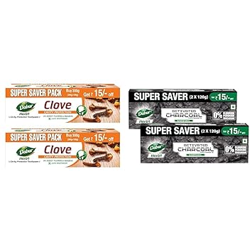 Dabur Herb'l Clove Toothpaste - 600g (Pack of 2, 300gx2) | Cavity Protection Toothpaste | No Added Fluoride, Parabens & Triclosan | Helps Fight Bacteria & Pain|Dabur Herb'L Activated Charcoal