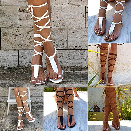 Flat Knee High Gladiator Sandals for Women Dressy Summer Strappy Lace Up Thong Flip Flops Rome Bohemia Sexy Bandage Sandals3