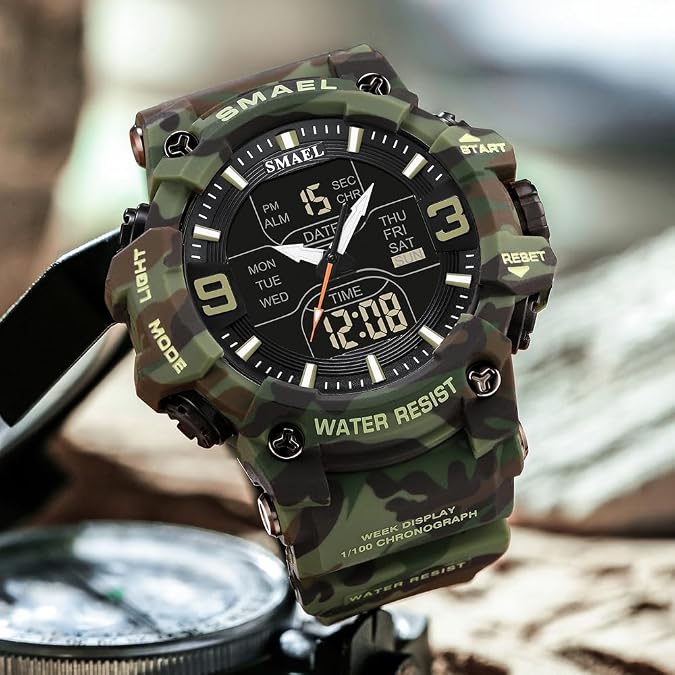 SMAEL Outdoor Military Men Watch Camouflage PU Waterproof Quartz Analog Wristwatches Dual Time Casual Sport Style Digital Clock