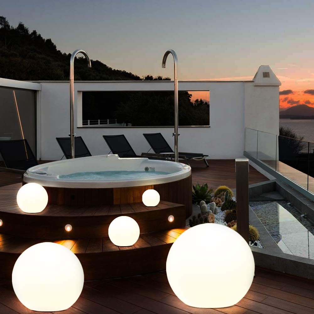 BAKAJI Lámpara de diseño esférica de jardín, diámetro 20 cm, luz iluminación exterior de suelo o mesa, casquillo E27, bombilla máx. 25 W, color blanco con piquetas de fijación al suelo
