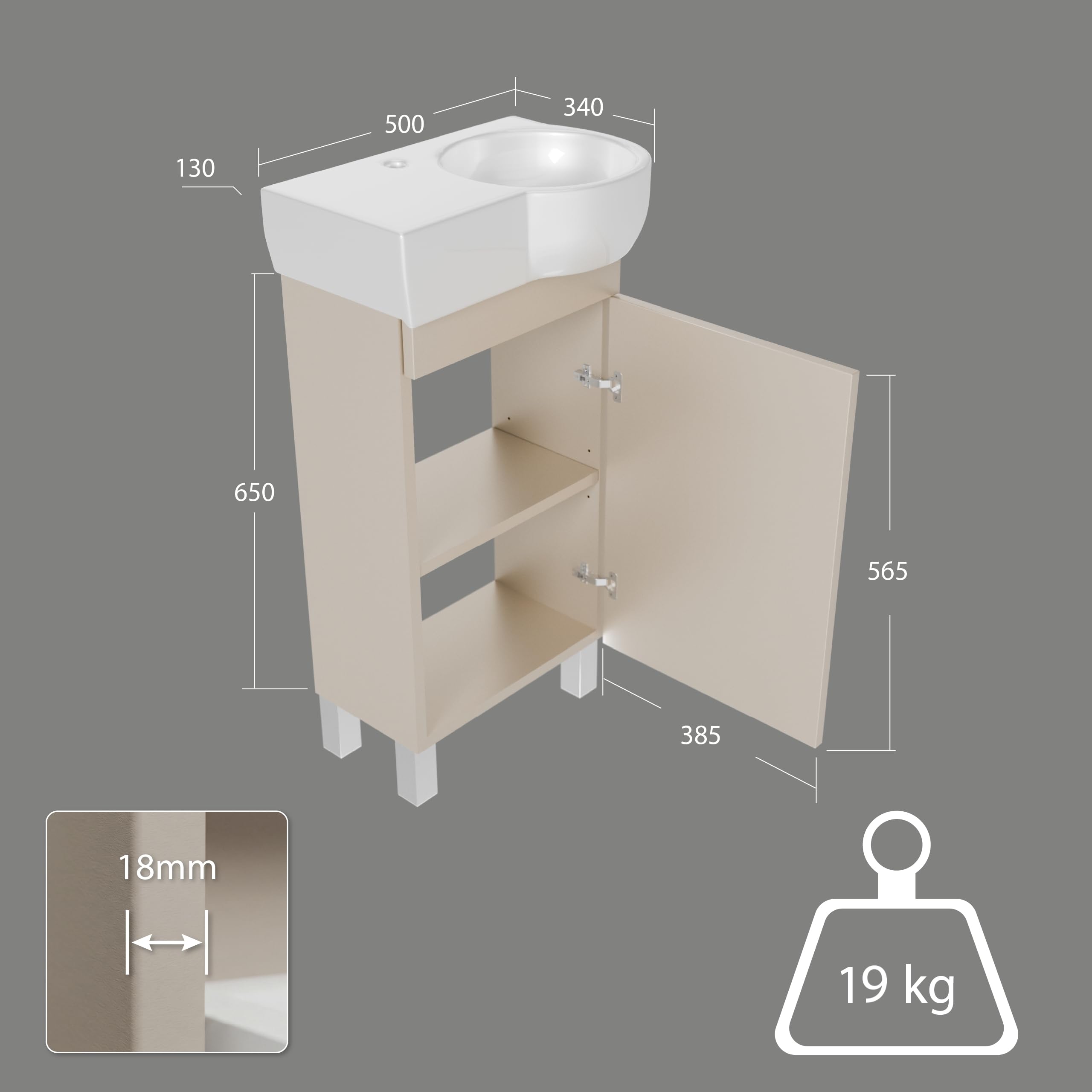 Lavabo con mobiletto da 50 cm di larghezza, mobiletto per lavabo Burgos con lavandino – Mobiletto da bagno, mobiletto da bagno (cashmere)