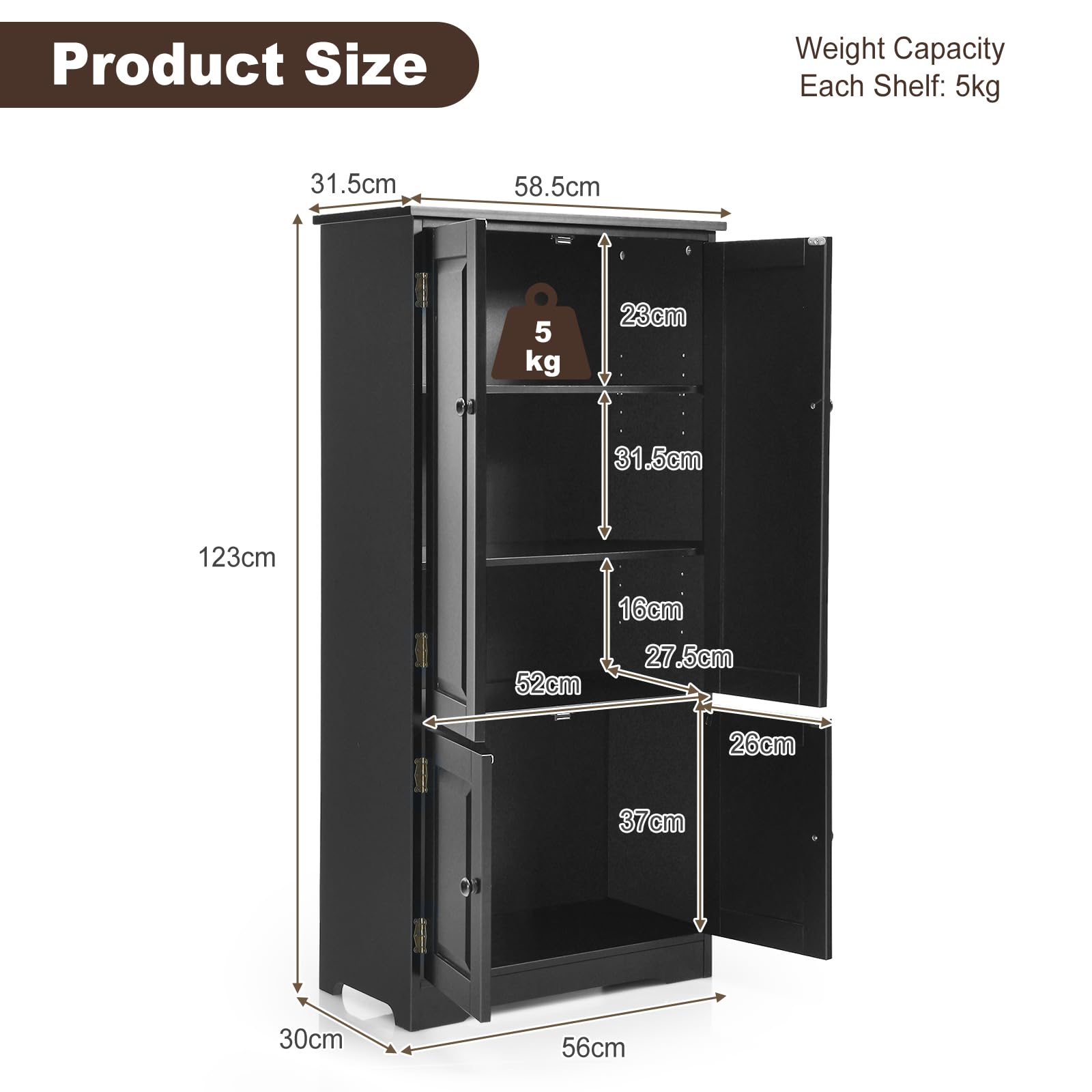 KOMFOTTEU Armadio Alto in Legno con 2 Ripiani Regolabili, Armadio da Guardaroba Verticale con Dispositivo Anti-Rovesciamento, Mobile Organizzatore, Grande Spazio, 58,5 x 32 x 123 cm, Nero