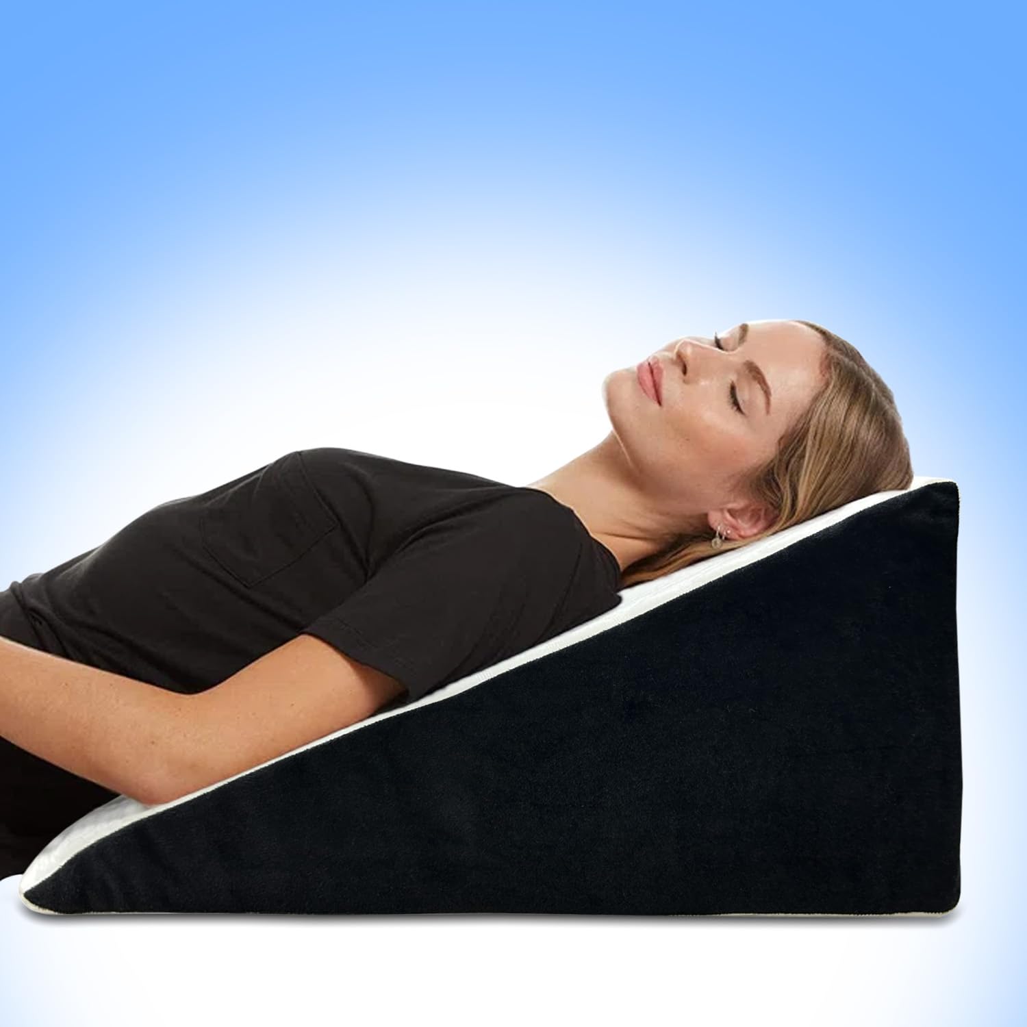 Sleepsia Wedge Pillow for Sleeping | 1 Year Warranty | Back Support Orthopedic Memory Foam Wedge Cushion for Acid Reflux, Pregnancy, Snoring, GERD, Back & Leg Support-White/Black, 20"L x 17.4"W x 10"H
