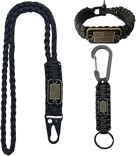 Heavy Duty Paracord Set - Lanyard Necklace, Carabiner Keychain, and Tactical Survival Bracelet for Men and Woman with Bronze USA Flag