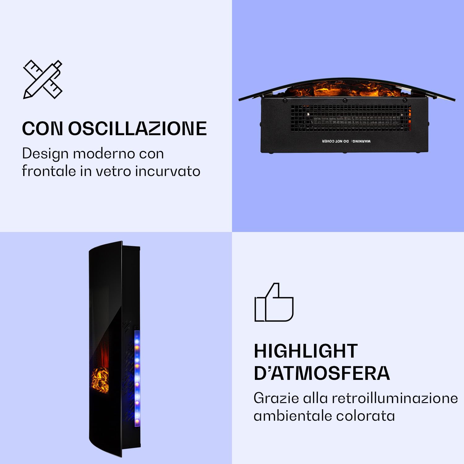 Klarstein Camino Elettrico, Caminetto Elettrico 2000 W, Camino Finto a Riscaldamento a Basso Consumo, Fuoco Finto LED, Spazio per Legna, Termocamino con Telecomando, Termostato e Timer