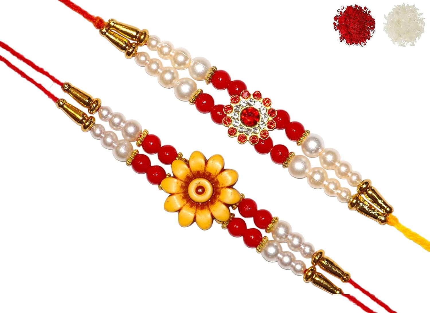 Nemi Enterprises RED WHITE PEARL DOUBLE DORI SET OF 2 FAMILY RAKHI WITH ROLI CHAWAL (DESIGN 3)(NE 231) (B0CDL5KJK5) Amazon Price History, Amazon Price Tracker