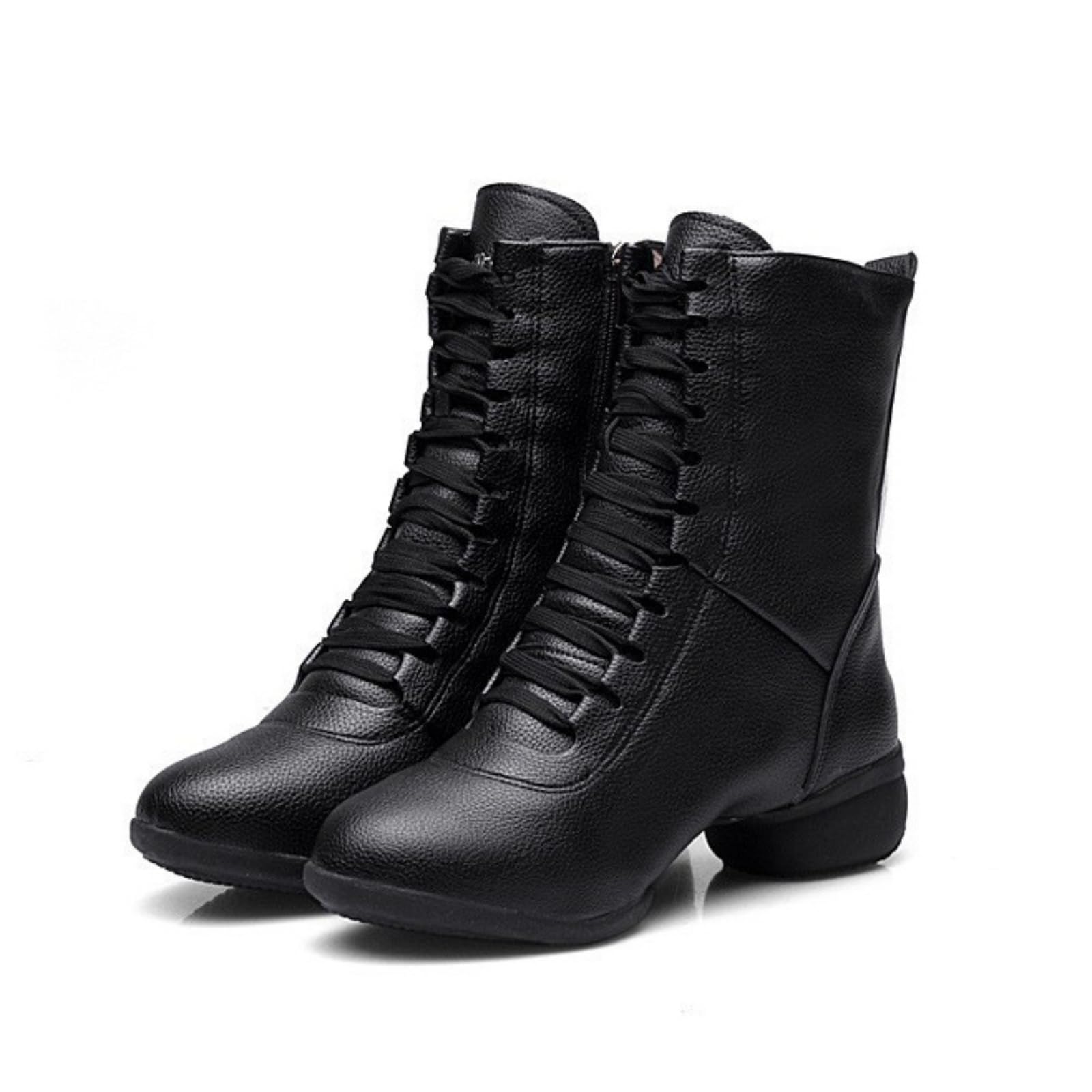 Stivali Ballo Jazz da Donna Stivaletti Moderni da Ballo da Sala in Pelle con Punta Chiusa Allacciatura Suola Divisa Tacco Basso Scarpe da Ballo Latino
