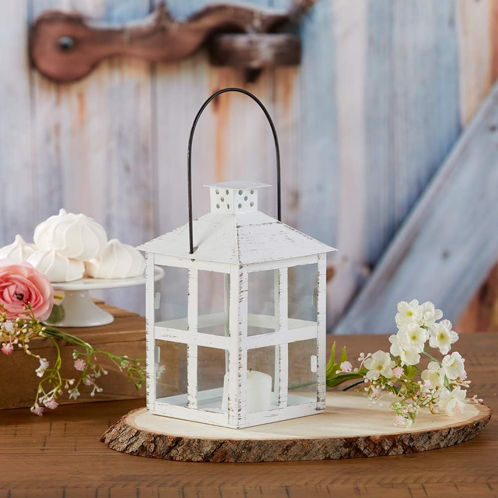 Rustic Farmhouse Decor White Candle Holder Lantern Decorative (7.5 Inch), Wedding Decoration, Centerpiece Table Decorations, Home Decor, Shelf Decor
