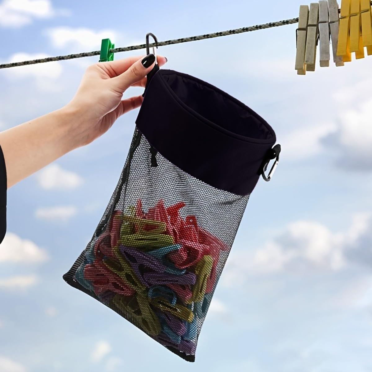 Photo 1 of 1 PCS Black Mesh Clothespin Bag,Hanging Laundry Pin Storage Organizer with Drawstring and Hook,Durable and Machine Washable