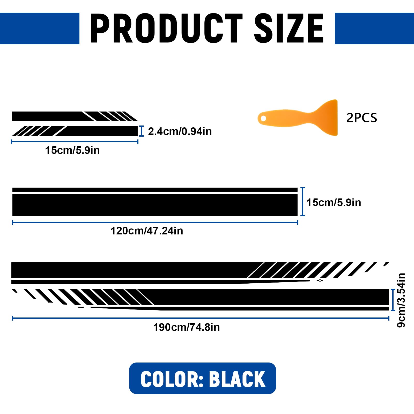 5 strisce laterali per auto, strisce laterali da corsa, in PVC, per SUV, camion e fuoristrada, autoadesive, per tuning (nero)