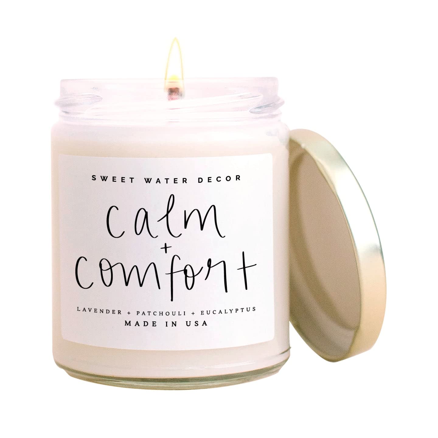 Sweet Water Decor Calm + Comfort Candle | Lavender, Patchouli, and Eucalyptus, Spa Scented Soy Wax Candle for Home | 9oz Clear Jar, 40 Hour Burn Time, Made in the USA