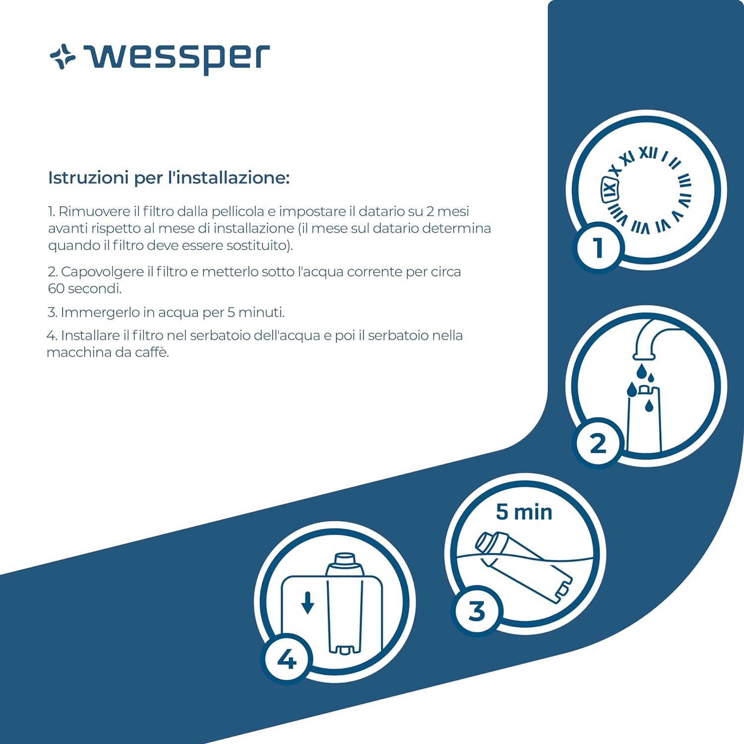 Wessper Filtro Agua para Cafetera Automatica, Filtro Cafetera Delonghi DLSC002, SER3017, ECAM, ESAM, ETAM, SECAM, Serie S, Filtro Carbon Activado para Cafetera - 6 Unitades