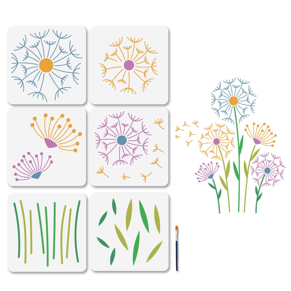 MAYJOYDIY 6Pcs Large Dandelion Stencils Splicing Style Dandelion Seeds Stencil for Painting 11.8×11.8inch Garden Fence Leaves Craft Templates with