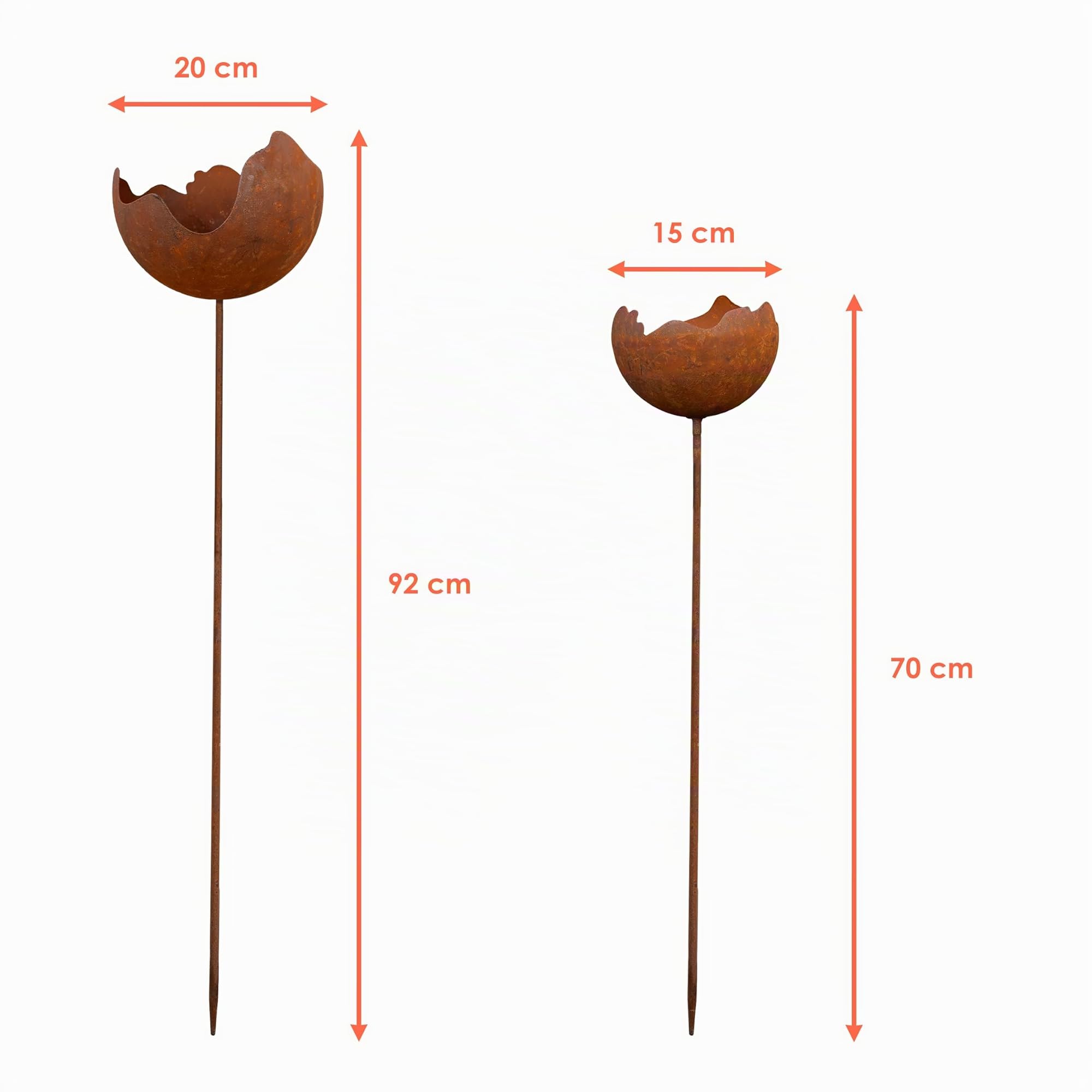 Lot de 2 boules de feu en métal rouillé - 92/70 cm - Photophore avec piquet - Décoration de jardin