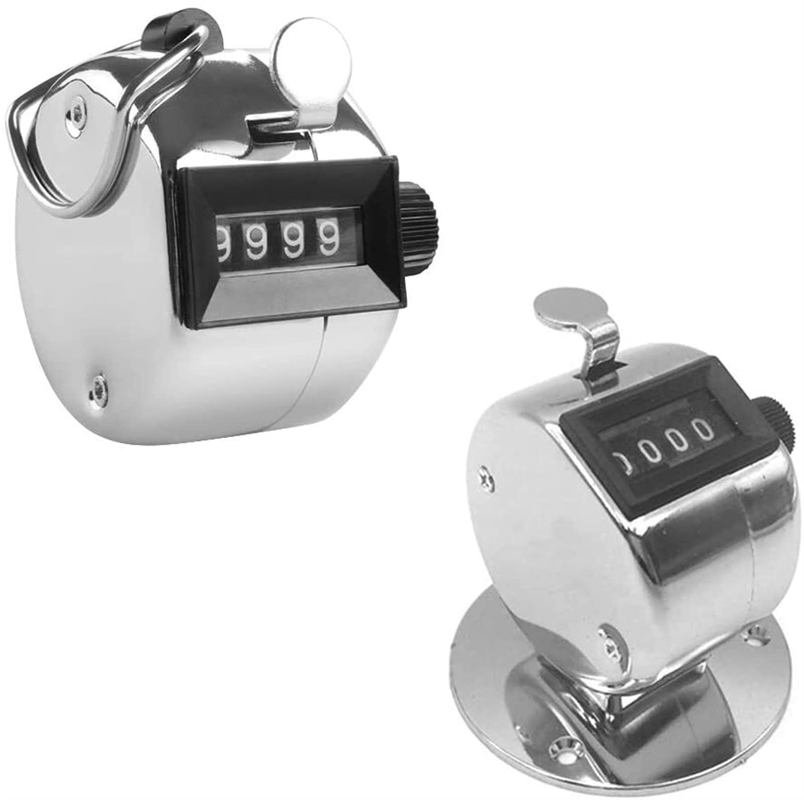4 Cijferige hand Tally-tellers, 1 stuks Handheld Teller & 1 stks teller met basis, mechanische handmatige clicker nummer lap Tracker bureau Tally Teller met stand - zilver