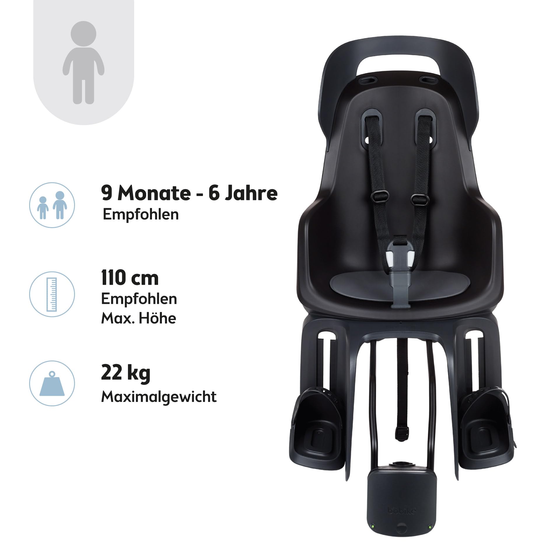 BOBIKE 8012400012 - Fahrradkindervordersitz GO MAXI für Fahrräder mit 26” bis 29” Rädern geeignet für Kinder mit Rahmenverankerung in Farbe Urban Schwarz