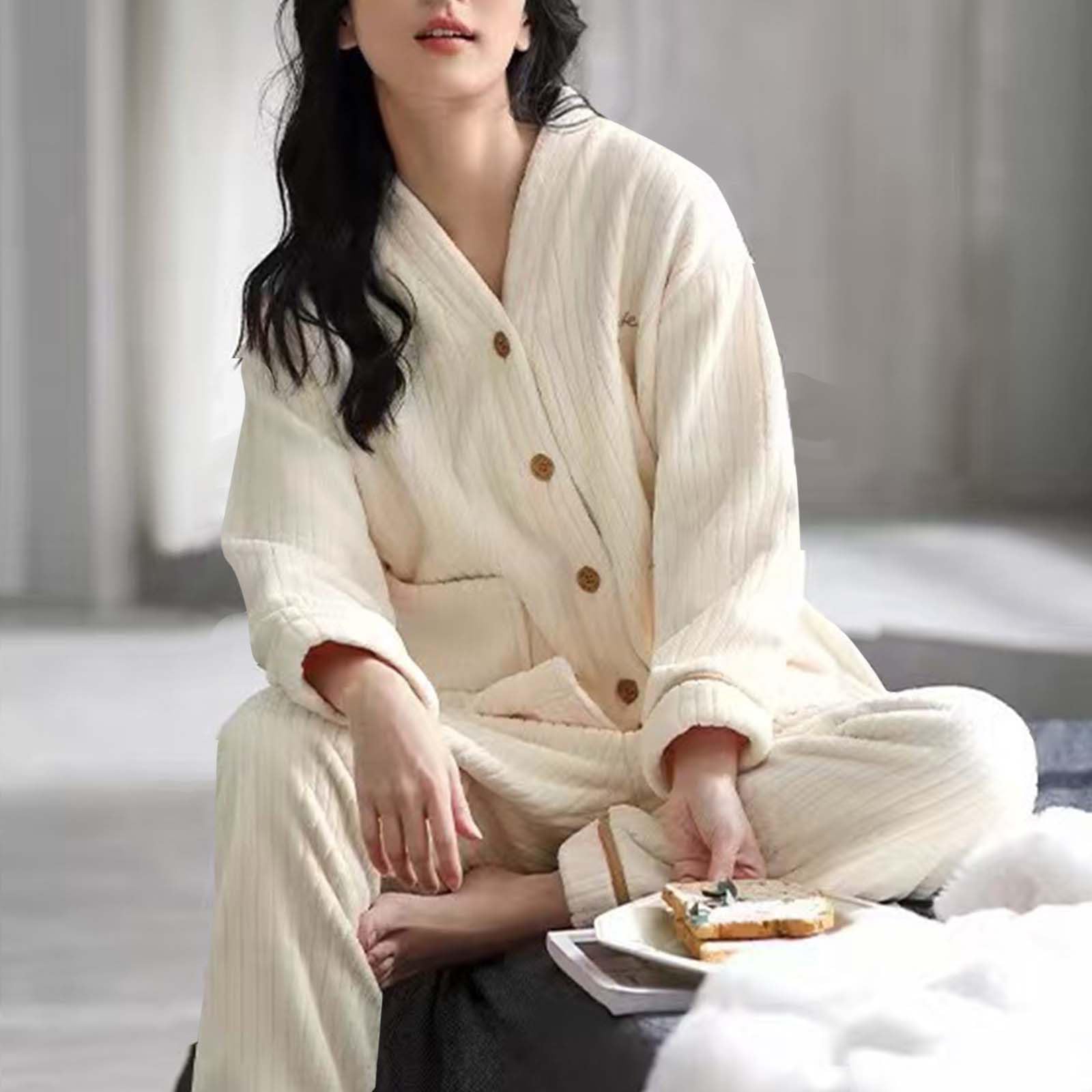 Pyjama Femme 2 Pièce Hiver Pilou Polaire Ensembles De Pyjama Femme Cachemire Huat Col en V Boutons Et De Bas en Peluche Épais Et Chaud Loungewear Vêtements De Nuit Noel avec Poche