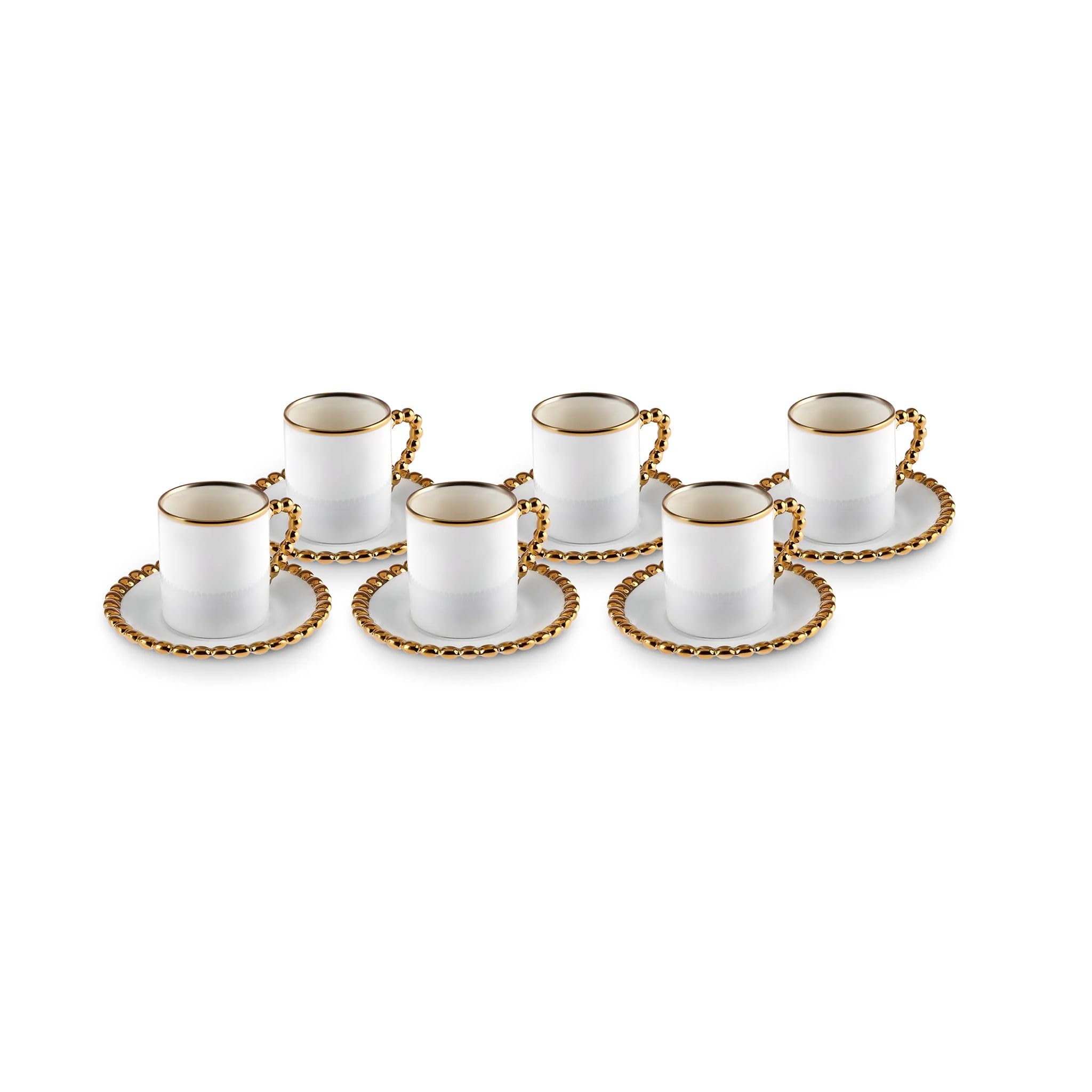 KARACA Boncuk - Bone China Espresso and Turkish Coffee Cup Set for 6, Espresso Cups and Saucers, 80 ml Small Coffee Cups Set 12-Piece - White & Gold