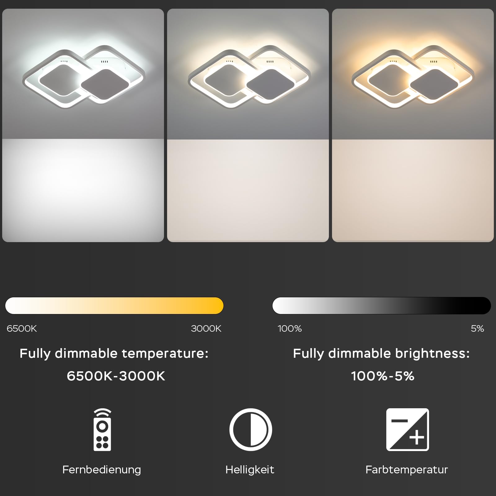ANTENLICHT Plafon LED Techo de Metal 32W, Lámpara LED de Techo para Salón Regulable Continuamente 3000-6500K con Mando a Distancia y Función de Memoria, Luz de Techo Moderno para Dormitorio