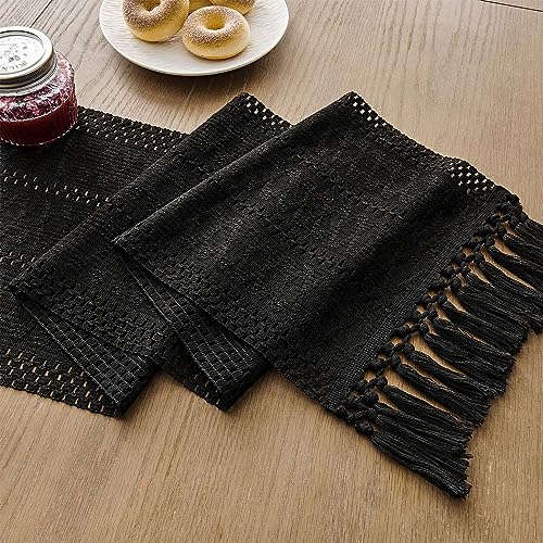 Image of ZeeMart Macrame Style Boho Table Runner, Black Table Runners 48 Inches Long, Farmhouse Woven Home Decor, 12x48 Inch, Black