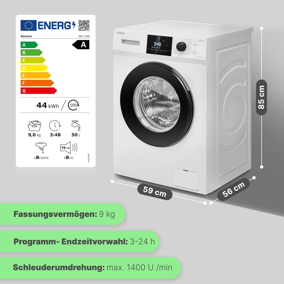 Bomann® Waschmaschine 9kg | inkl. Aqua-Stop | 1400 U/min | Bürstenloser DC-Motor: effizient, leise und langlebig | bis 95°C | 16 Programme | Endzeitvorwahl | Washing Machine | WA 7196