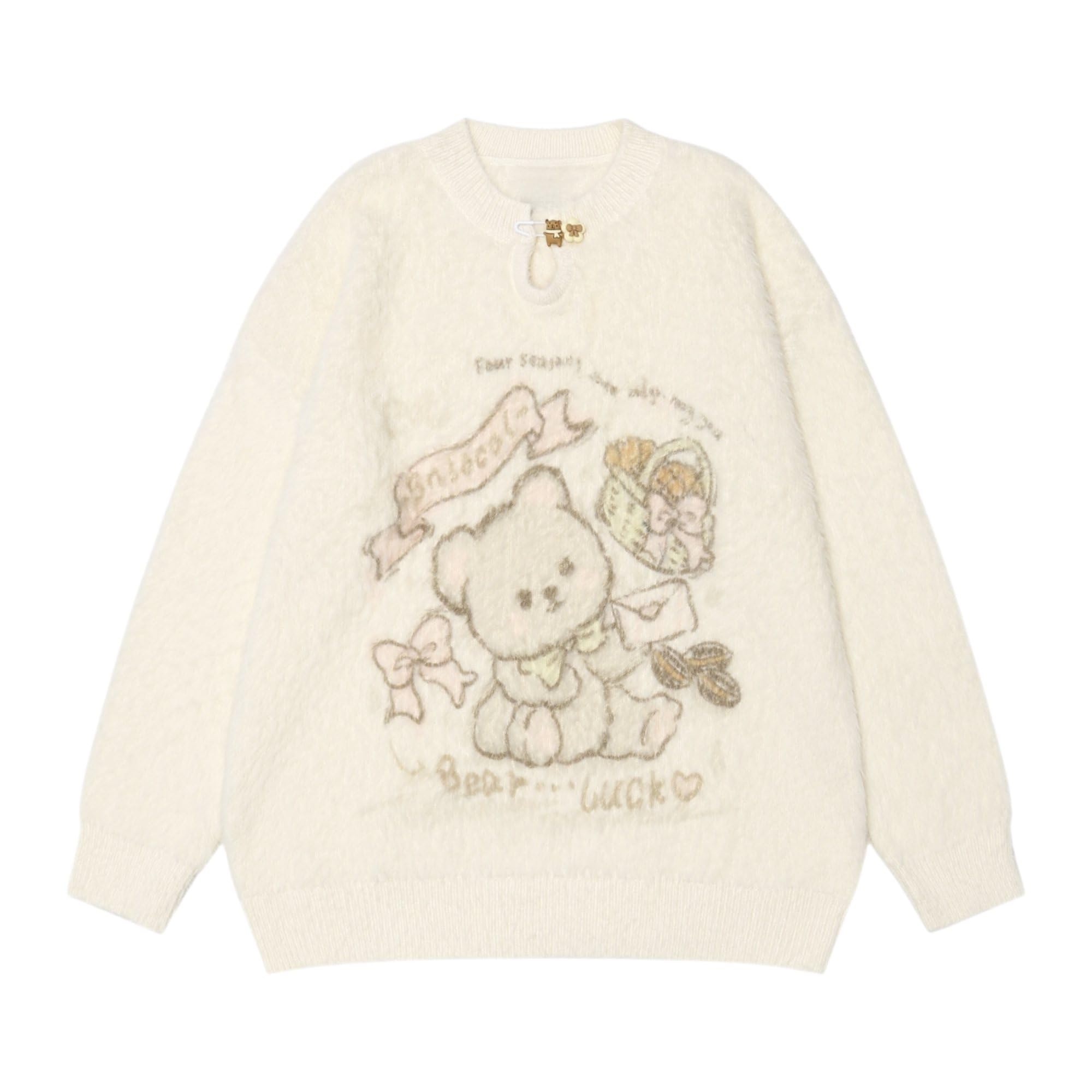 Kawaii Cartoon-Bär-Pullover für Damen, Winterkleidung, Y2K, lässig, lockere Passform, weich, flauschig, Strickpullover
