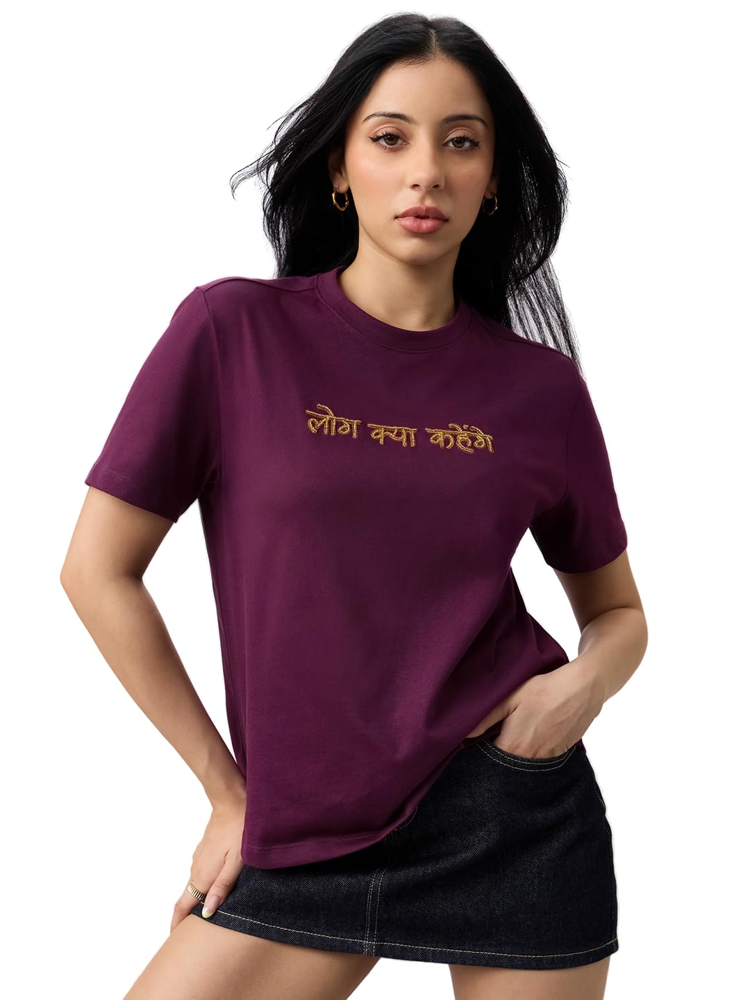 the souled store Casual Classics: Log Kya Kahenge Women and Girls Short Sleeves Round Neck Plum Embroidered Cotton Relaxed Fit Breathable Comfortable Everyday Casual T-Shirts-picture-46