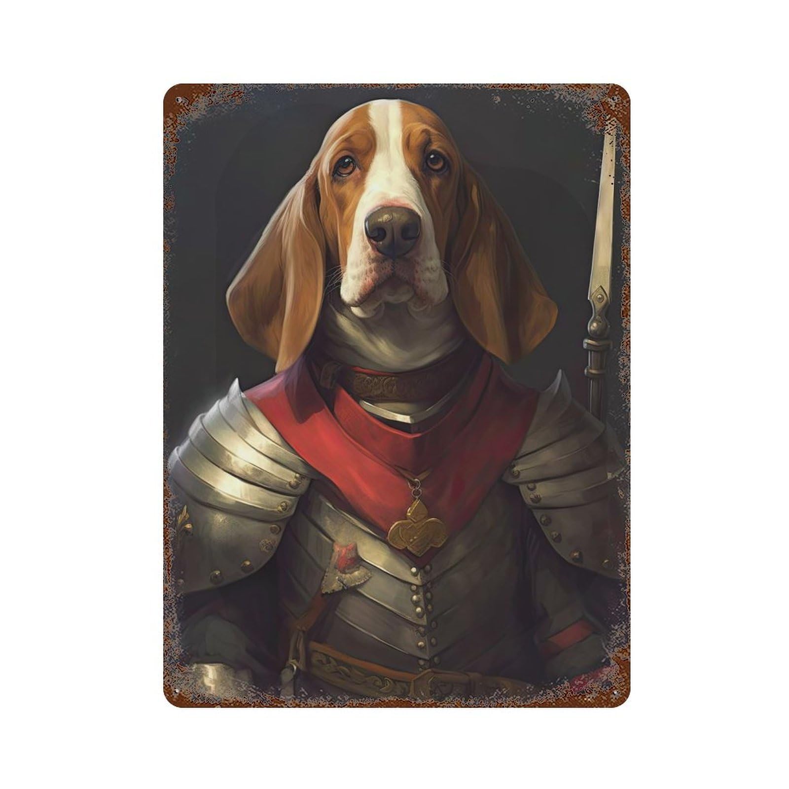 Basset Hound in Armor Retro Metal Sign 15.7"x11.8", Old School Wall Decor for Garage, Pub Or Kitchen