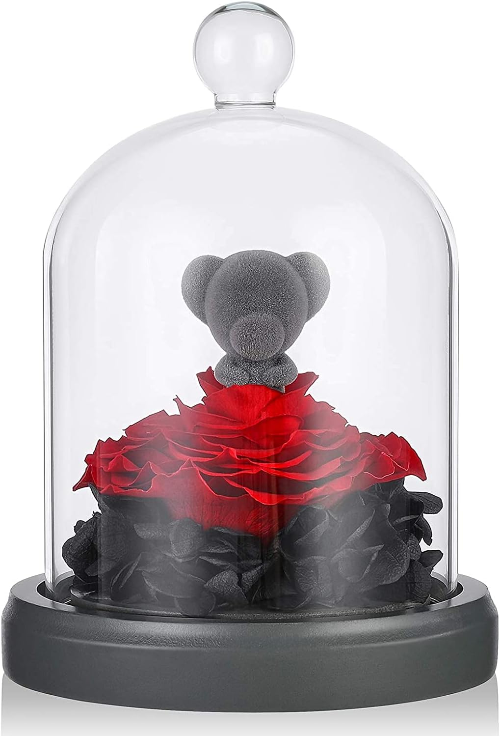 E-MANIS Beauty and The Beast Rose Teddy Bear,Handmade Preserved Real Eternal Rose,LED Lights in Glass Dome on Wood Base Warm Light,Gifts for Her Thanksgiving Day Valentine's Day,Mother's Day,Christmas