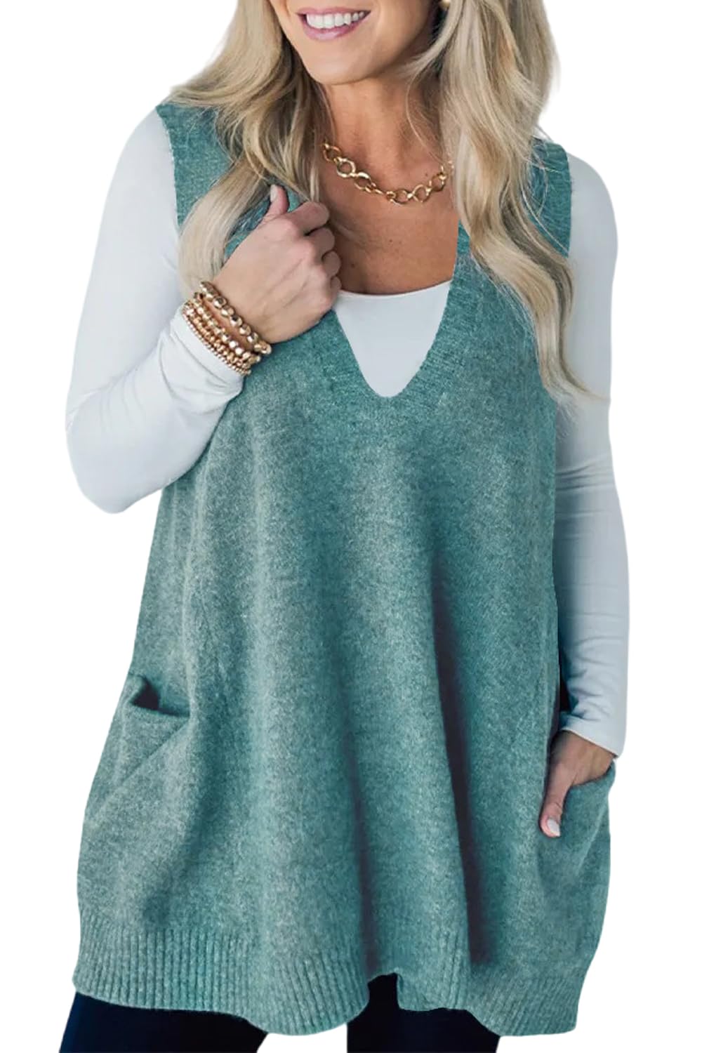 yoeasy Womens Sweater Vest Sleeveless V Neck Loose Fit Knit Casual A Line Tunic Pullover Top with Pockets
