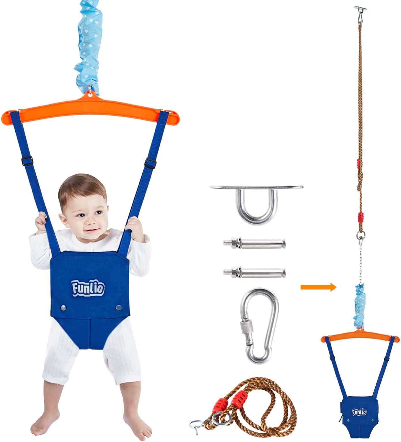 FUNLIO Baby Jumper with a Ceiling Hook for 6-24 Months, Baby Door Jumper for Indoor/Outdoor Play, Infant Jumper Doorway with Adjustable Chain, Easy to Assemble & Store (with a Ceiling Hook)
