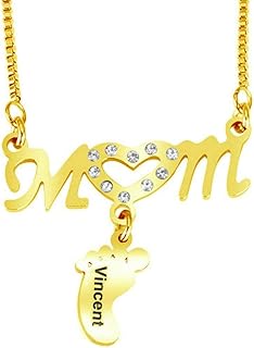 JINGHE Collier de Nom D'empreinte Personnalisé pour Maman, Pieds de Bébé Gravés sur Mesure de Mode Simple Diamant en Acier Inoxydable avec 1 Anneau de Nom