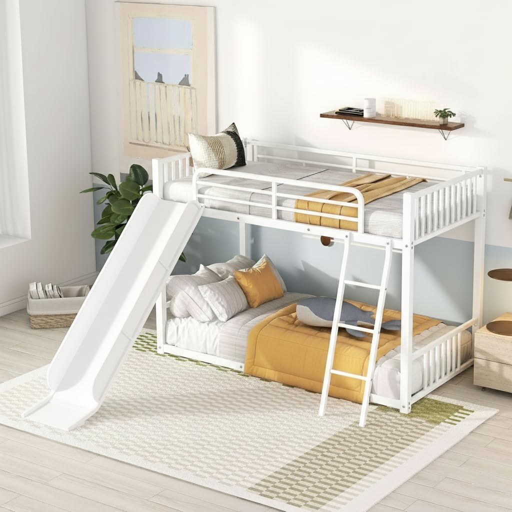 URKV Metal Bunk Bed for KidsTwin Over Twin with Slide – Heavy Duty Steel Frame, Guardrails & Ladder | Fun Play Bed for Boys & Girls Bedroom (White)-image-42