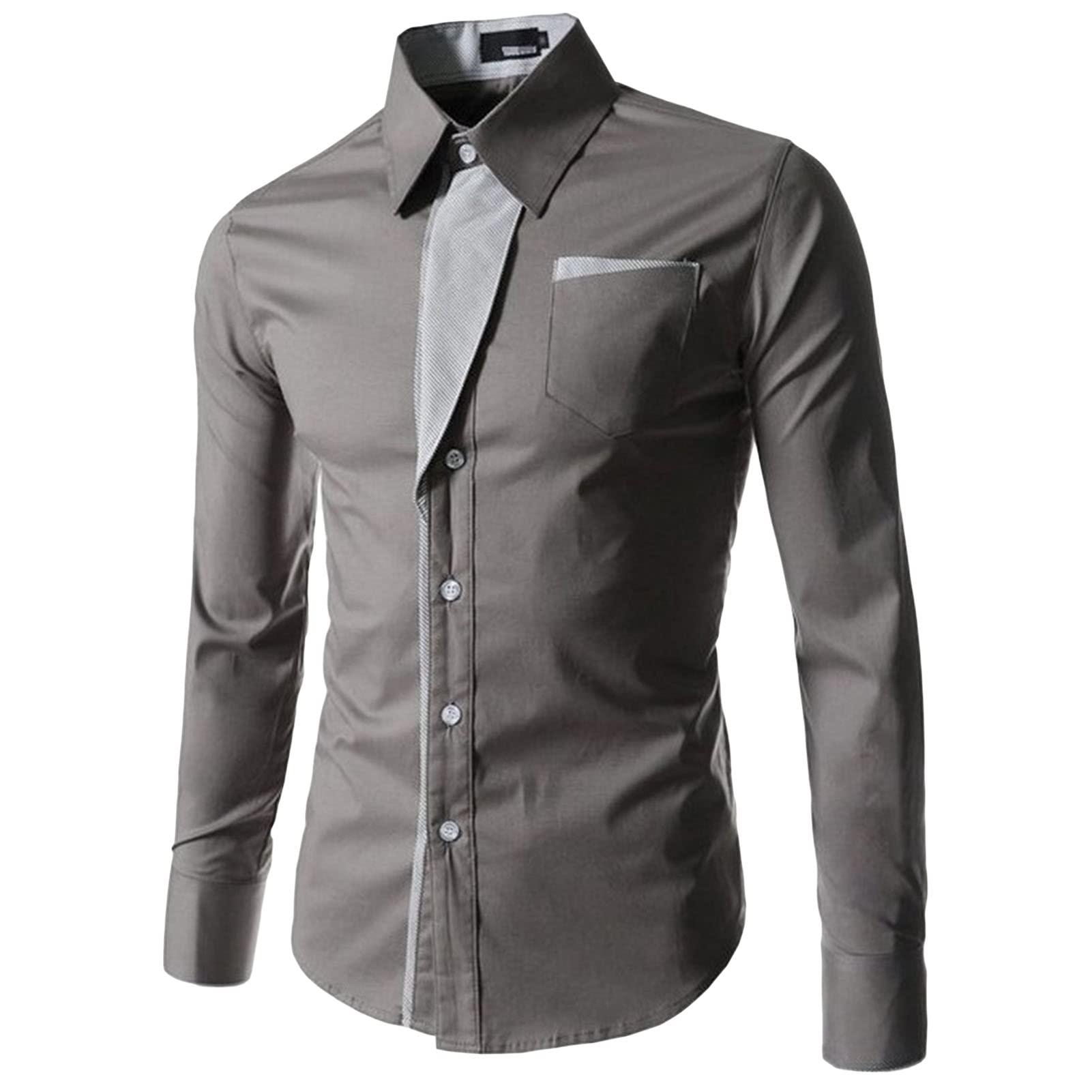 Mens Long Sleeve Stylish Dress Shirts Patchwork Casual Button Down Shirts Turn-Down Collar Shirt Top with Pockets (Grey,XX-Large)