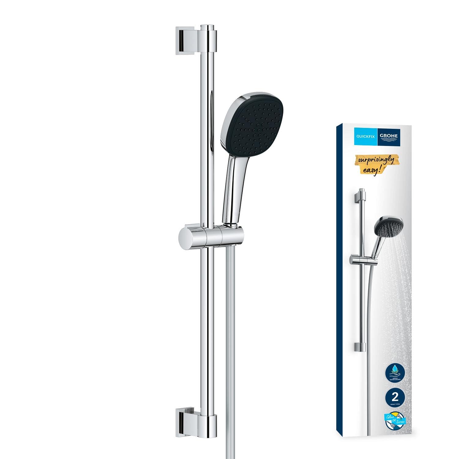 GROHE Vitalio 110 - Conjunto de ducha con barra (ahorro de agua 8L/min), teleducha de 2 chorros, flexo 1,75m y barra 60cm, montaje para pegar o atornillar, eckig (cuadrado), cromo, 26398001