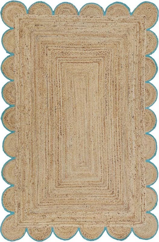 DECORAM WORLD 5x8 Ft Sky Blue Border Premium Scalloped Jute Rug – Handcrafted Natural Braided Carpet for Living Room, Bedroom, Entryway – Boho Home Decor