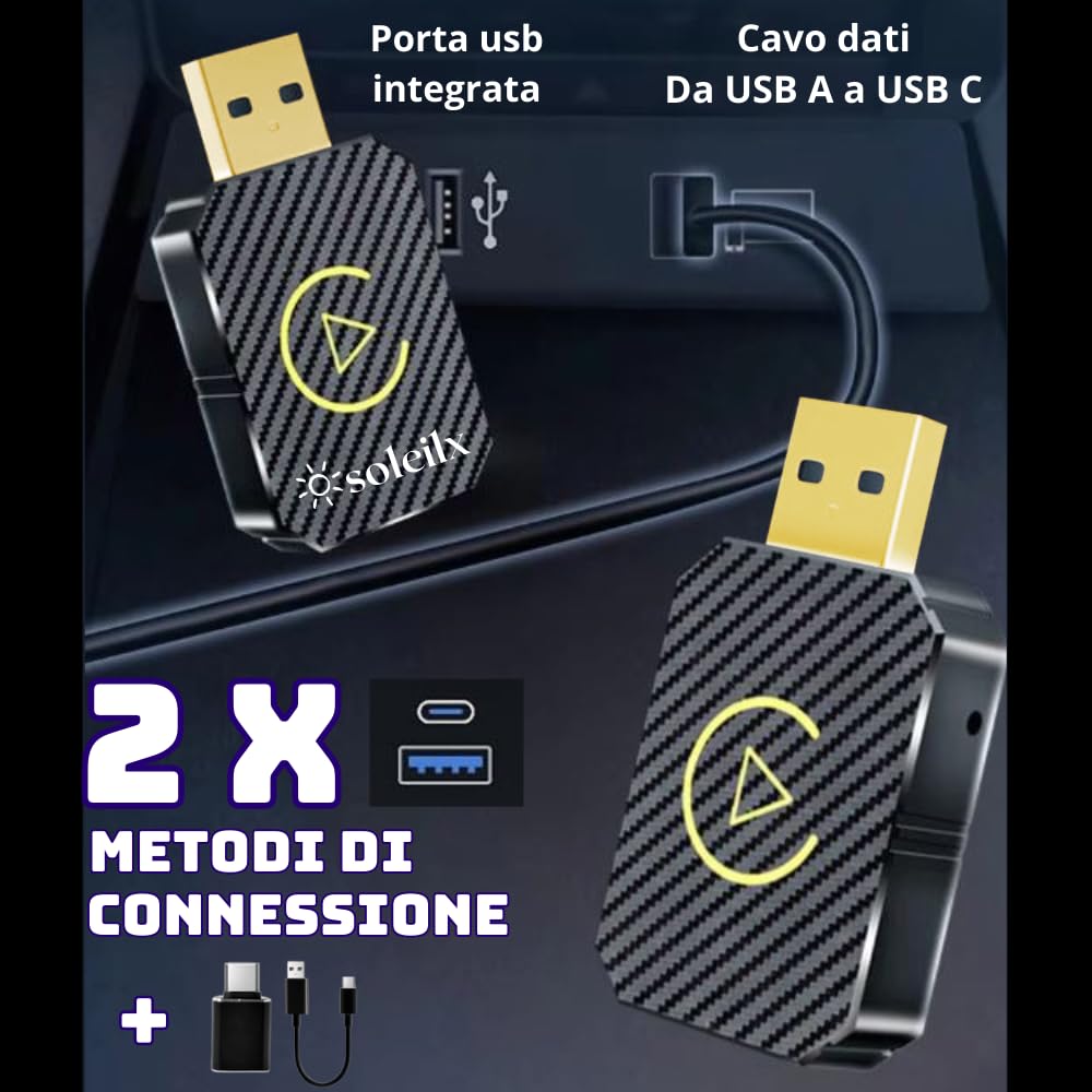 Adattatore Wireless CarPlay & Android Auto per Auto già Cablate - Trasforma il Sistema Multimediale in Wireless, Compatibile con iOS 10+ e Android 11+ USB C/A, Plug & Play, Mini, Nero