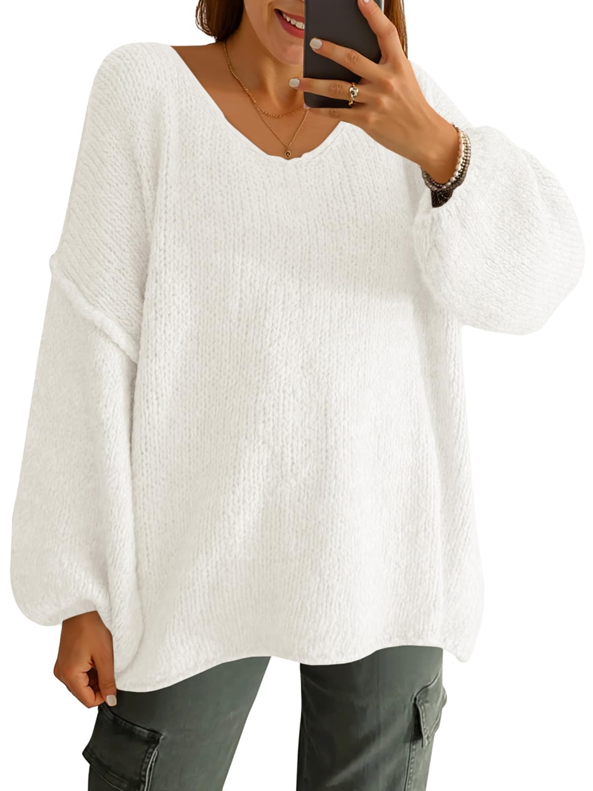 Saodimallsu Womens Oversized V Neck Sweaters Chunky Knit Lantern Long Sleeve Fall Winter Slouchy Tunic Sweater Tops