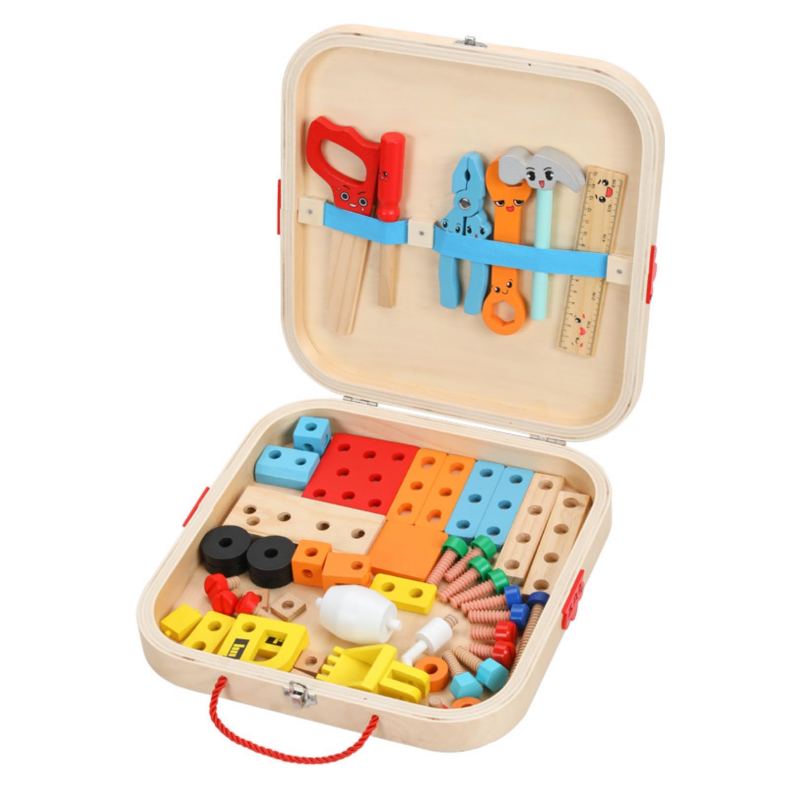 Kinder Werkzeugkoffer Holz Kinder Werkzeug Set Montagekasten Baukasten Lernspielzeug Rollenspiel aus Lackiertem Kiefernholz für Vorschule Spielzimmer Grundschule