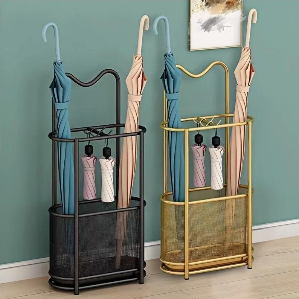 Elegante portaombrelli in metallo robusto con cuscinetti antiscivolo, supporto per ombrello da ingresso e gancio per riporre oggetti, design moderno per l'organizzazione della casa
