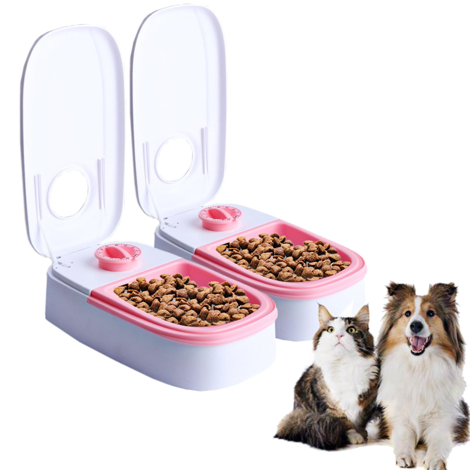 Automatic Pet Feeder for Cats Dogs,Programmable Pet Feeder,Auto Dry or Semi-Moist Pet Food Dispenser with 48-Hours Timer for Kitten Puppy (Pink, 2Meal)