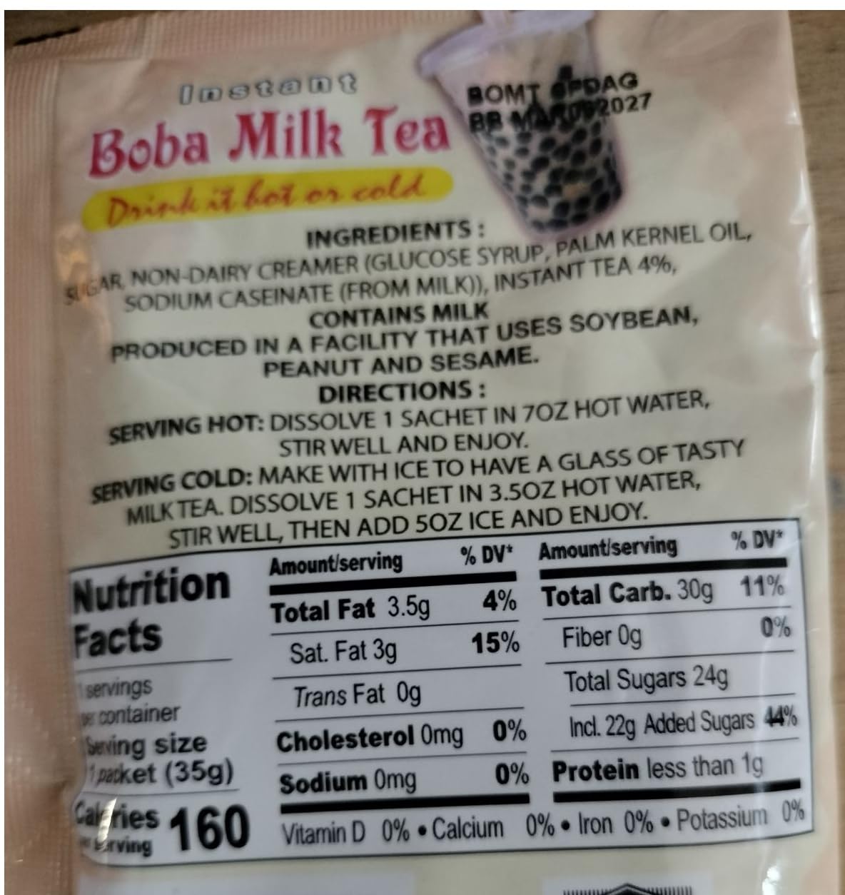 DEDE Instant Thai Boba Tea Drink with Sugar 24 Pieces, cream, Total of 14.76 Ounces with free Surprise Gift