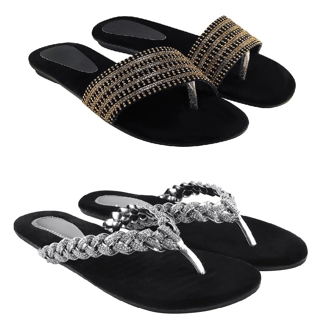 blinder Women's Braided Strap Flip Flops, Black Velvet Footbed, Chain Crystal Embellished-picture-18