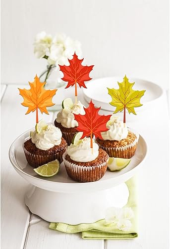 Miniatura 6 de 24 piezas de decoración de cupcakes de hoja de arce para decoraciones temáticas de otoño, palillos de cupcakes de hojas de otoño para decoraciones