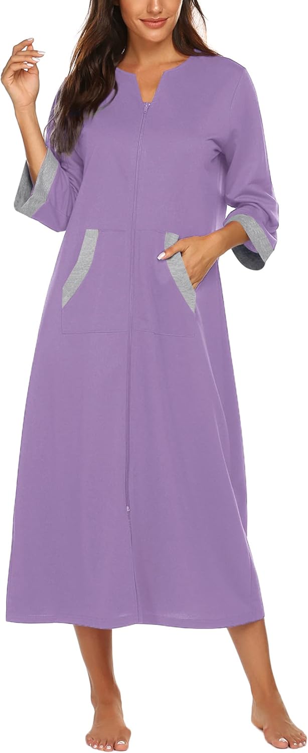 Ekouaer Women Zipper Robe 3/4 Sleeves Loungewear Dress Full Length Sleepwear Pockets Housecoat Nightgown Long Bathrobe - Image 2