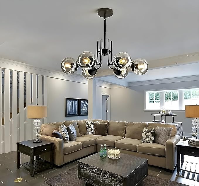 Image of 6-Lights Chandelier Hanging Pendant Ceiling Light Lamp Modern Style Black Chandelier with Smokey Glass for- Kitchen, Hall, Lobby, Restaurant, Bar, Living Room, Bedroom, Hotel (Without Bulb)