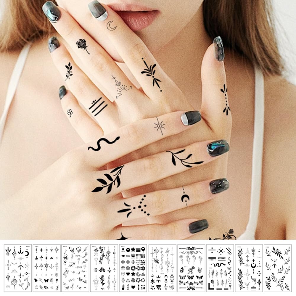 10 Sheets Temporary Tattoos Finger Stickers Small Tiny Finger Fake Tattoos Black Plant Butterfly Semi Permanent Tattoos Waterproof Long Lasting Tattoo Stickers for Women Girls Adults and Kids - Image 3