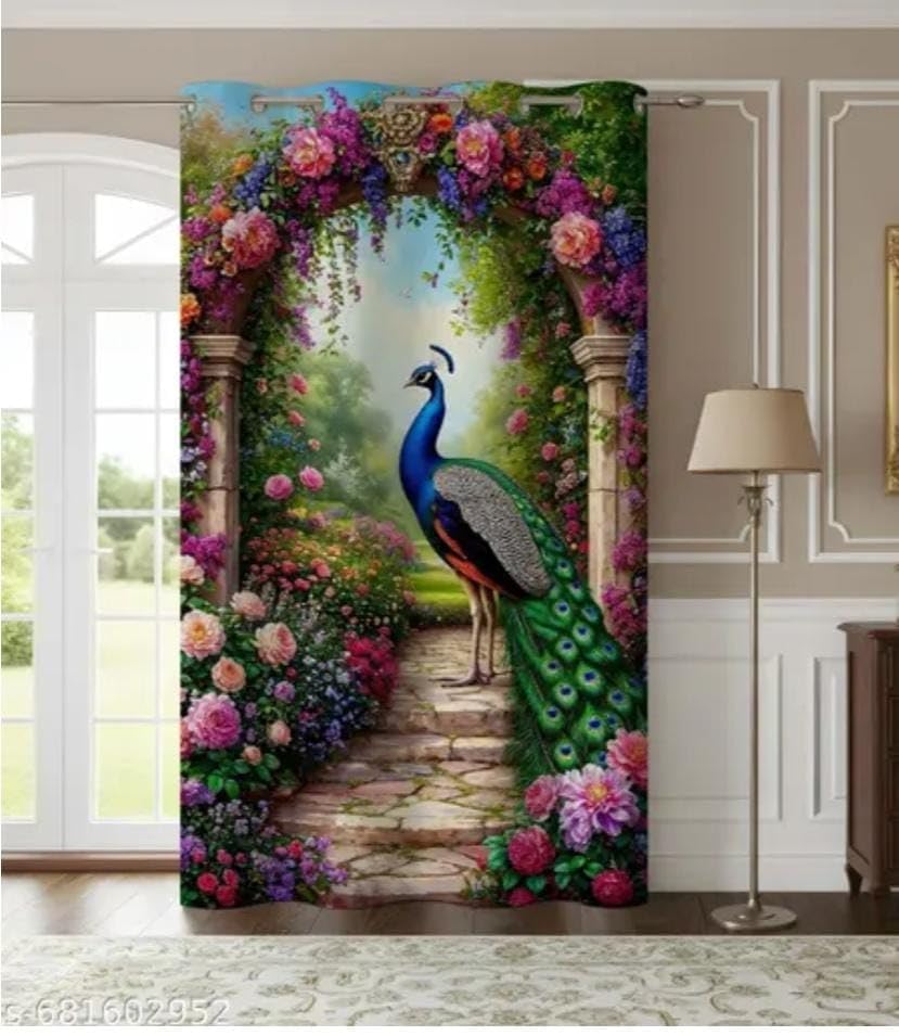 Image of Digital Printed Curtain with Pink Rose and Butterfly Design, 7 Feet, Grommet Top, White (2, Gate Mor, 7 Feet)